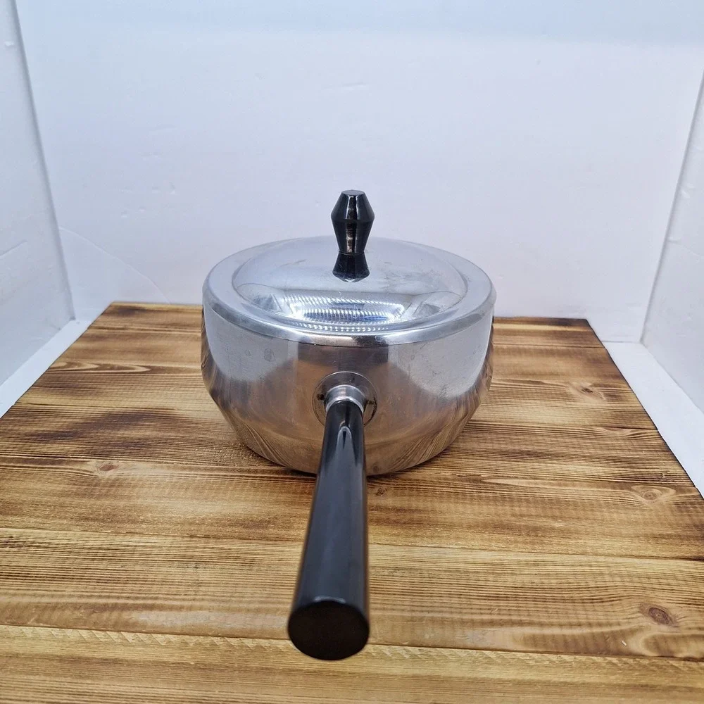 Vintage Japan Stainless Steel Fondue‎ Pot Black Handle w/lid